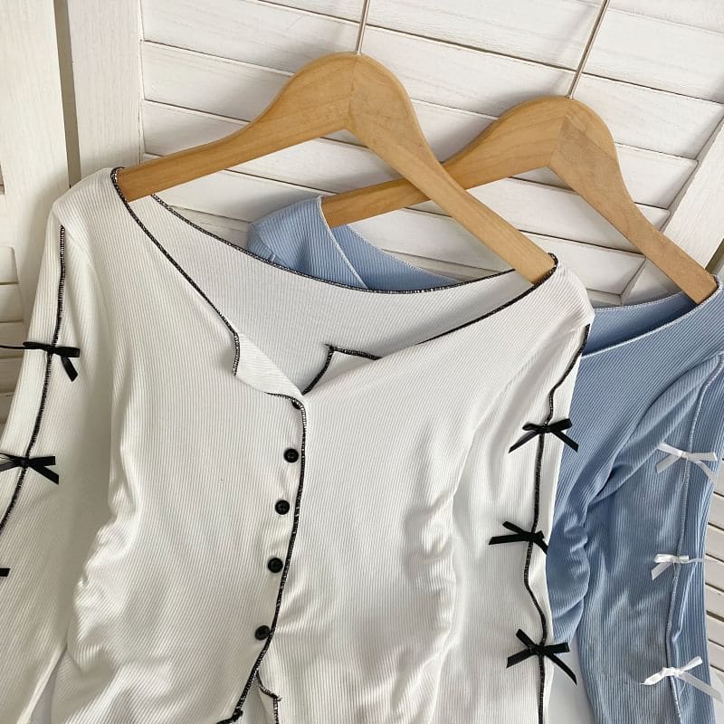 Long-Sleeve Plain Asymmetrical Bow Tee