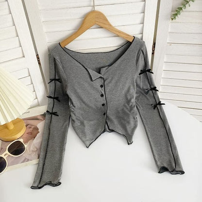 Long-Sleeve Plain Asymmetrical Bow Tee - Dark Gray