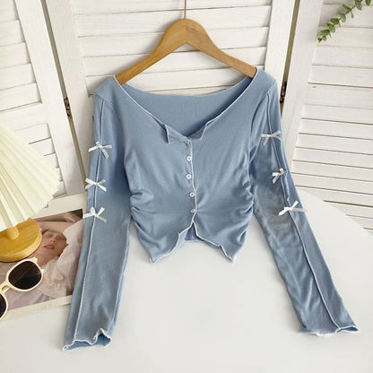 Long-Sleeve Plain Asymmetrical Bow Tee - Light Blue