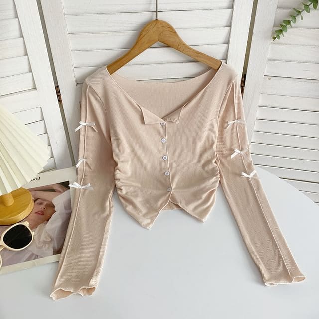 Long-Sleeve Plain Asymmetrical Bow Tee - Light Pink