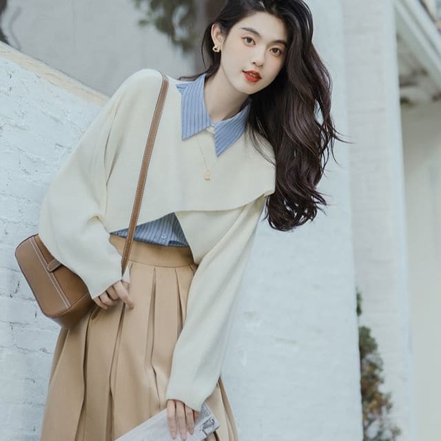 Long-Sleeve Plain Crop Top / Striped Shirt / High Waist