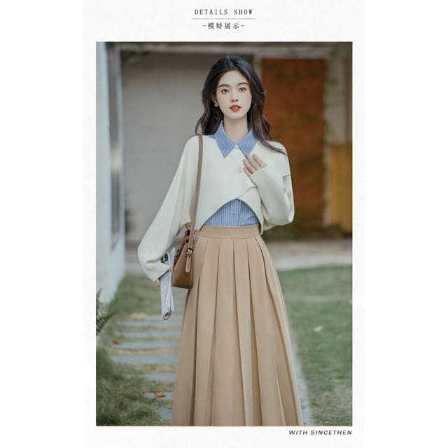 Long-Sleeve Plain Crop Top / Striped Shirt / High Waist