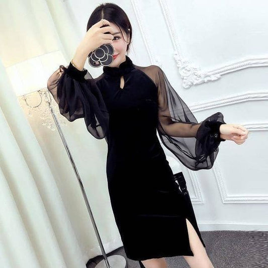 Long-Sleeve Plain Cut Out Qipao Dress