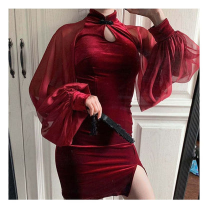 Long-Sleeve Plain Cut Out Qipao Dress