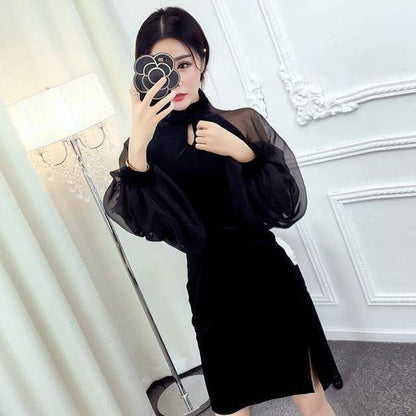 Long-Sleeve Plain Cut Out Qipao Dress - Black / S