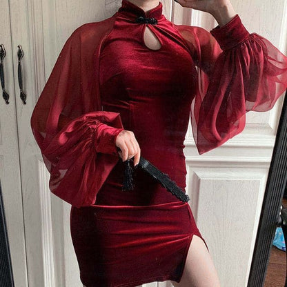 Long-Sleeve Plain Cut Out Qipao Dress - Red / S