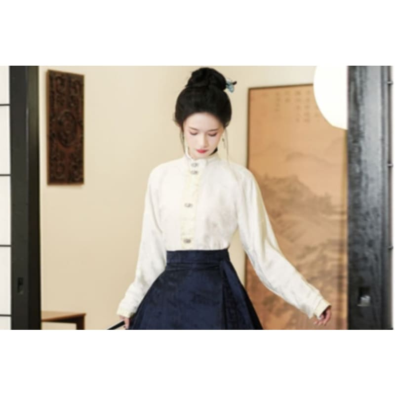 Long-Sleeve Plain Hanfu Top / High Waist Floral Maxi Ma