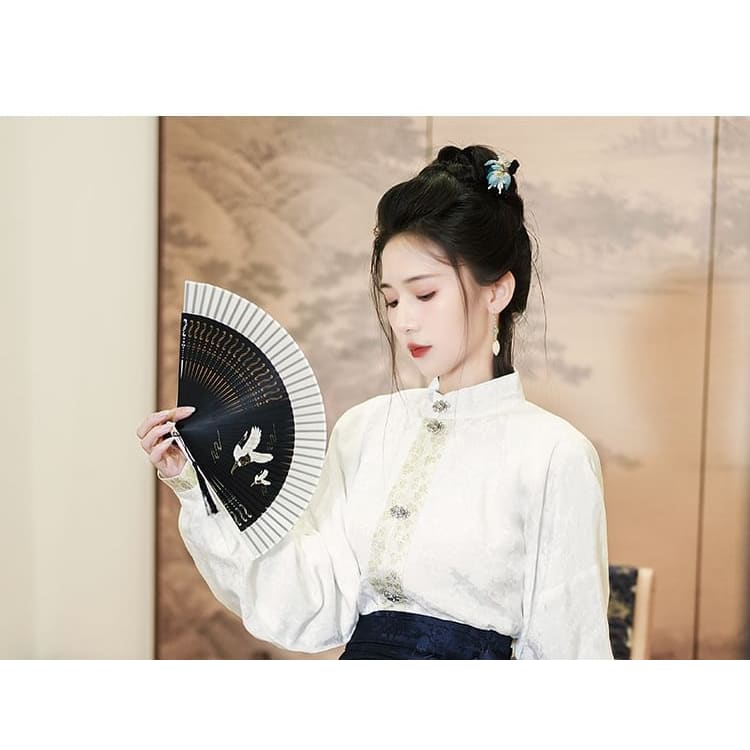 Long-Sleeve Plain Hanfu Top / High Waist Floral Maxi Ma