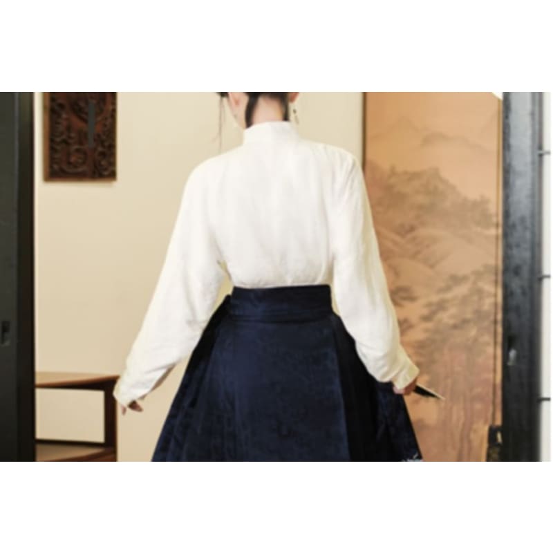 Long-Sleeve Plain Hanfu Top / High Waist Floral Maxi Ma