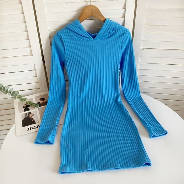 Long-Sleeve Plain Hooded Knit Sheath Dress - Aqua Blue