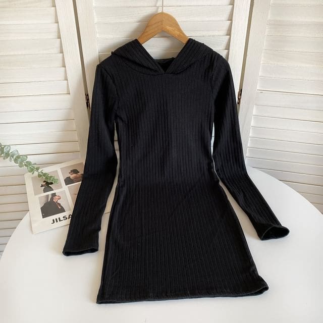 Long-Sleeve Plain Hooded Knit Sheath Dress - Black