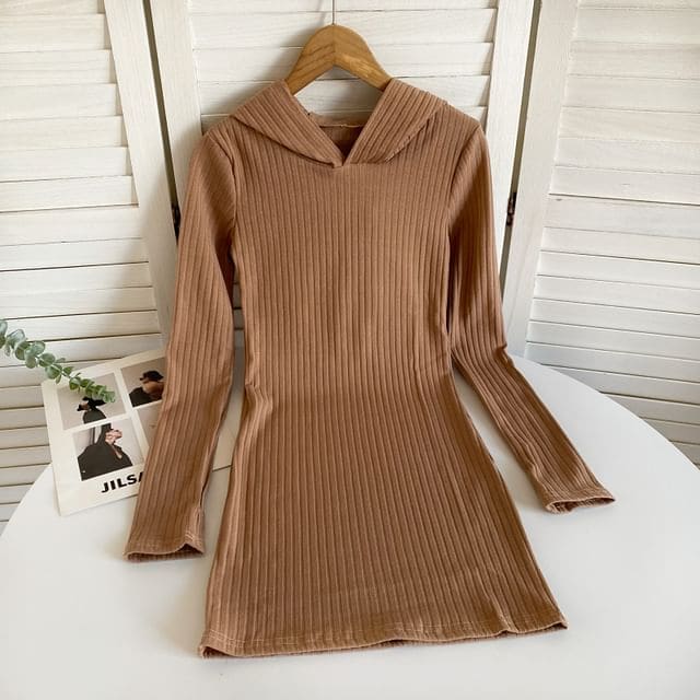 Long-Sleeve Plain Hooded Knit Sheath Dress - Coffee