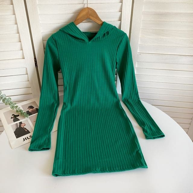 Long-Sleeve Plain Hooded Knit Sheath Dress - Dark Green