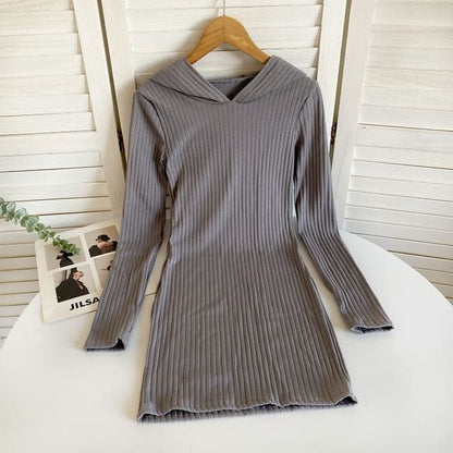 Long-Sleeve Plain Hooded Knit Sheath Dress - Gray / One Size