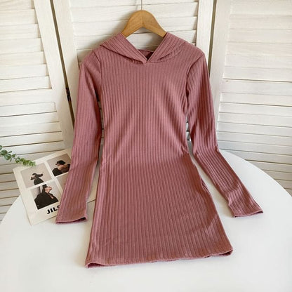 Long-Sleeve Plain Hooded Knit Sheath Dress - Pink / One Size