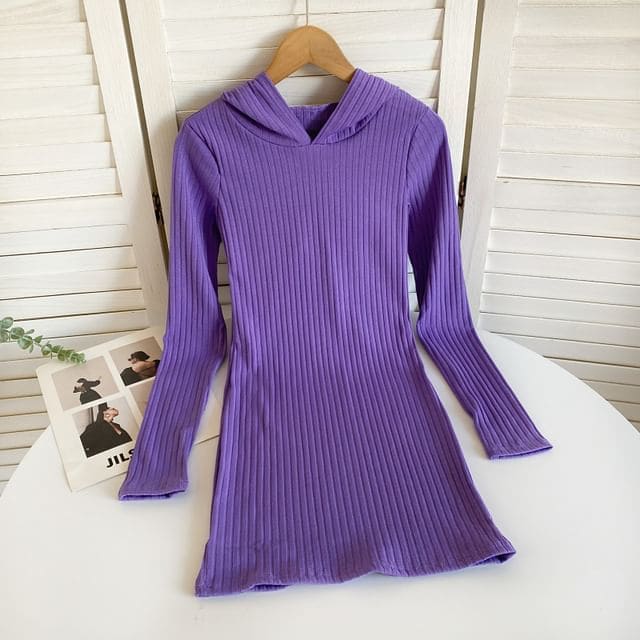 Long-Sleeve Plain Hooded Knit Sheath Dress - Purple