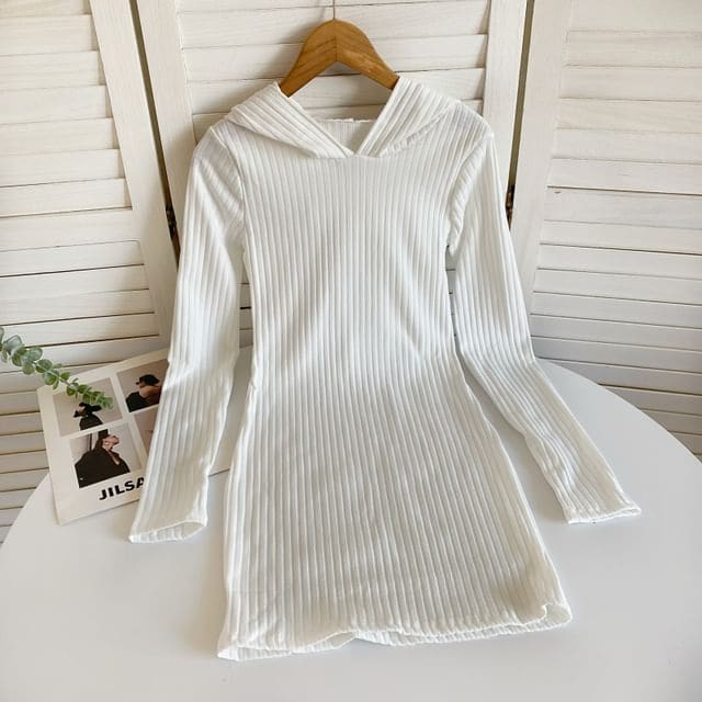 Long-Sleeve Plain Hooded Knit Sheath Dress - White