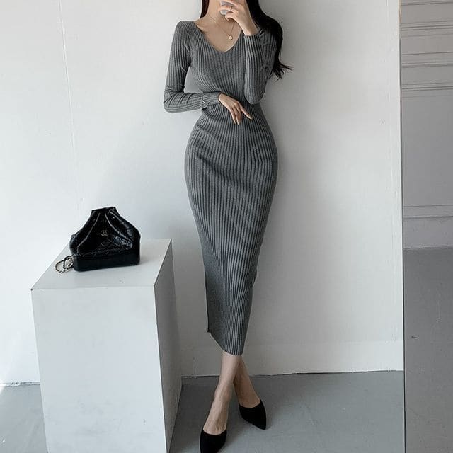 Long-Sleeve Plain Knit Sheath Dress