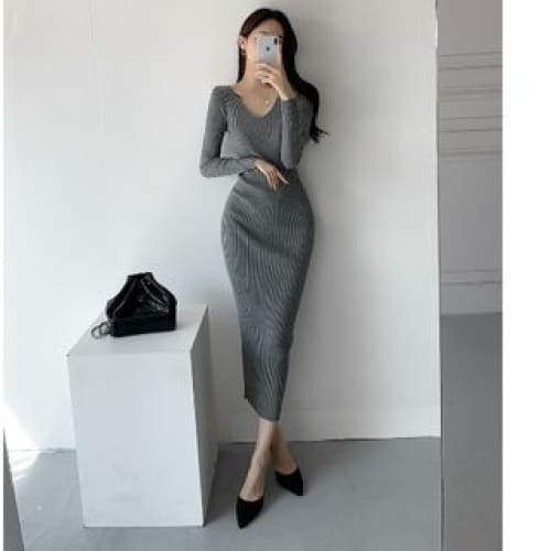 Long-Sleeve Plain Knit Sheath Dress - Dark Gray / One Size