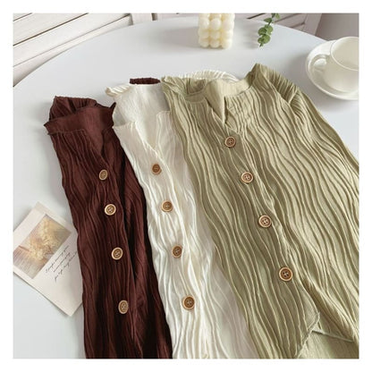 Long-Sleeve Plain Shirred Button-Up Blouse