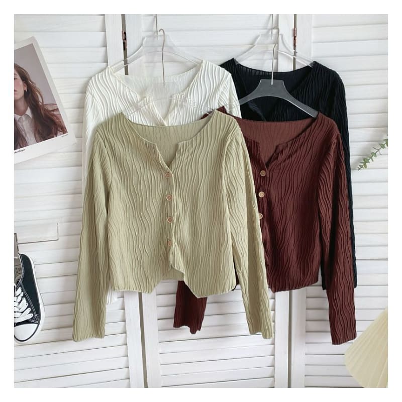 Long-Sleeve Plain Shirred Button-Up Blouse