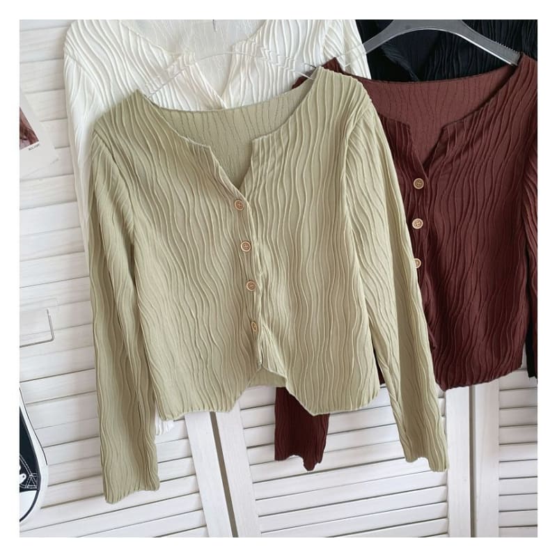 Long-Sleeve Plain Shirred Button-Up Blouse