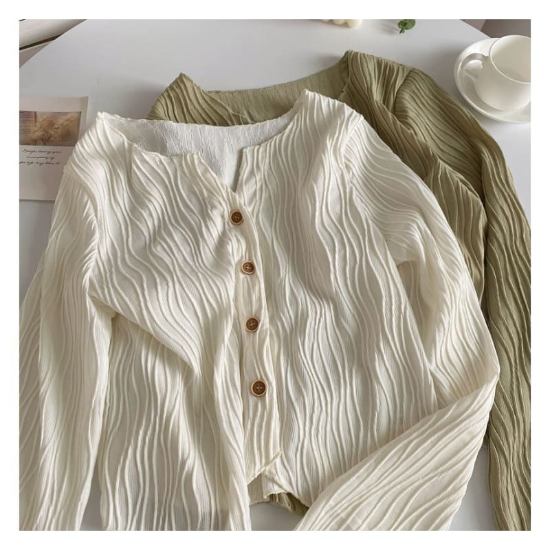 Long-Sleeve Plain Shirred Button-Up Blouse