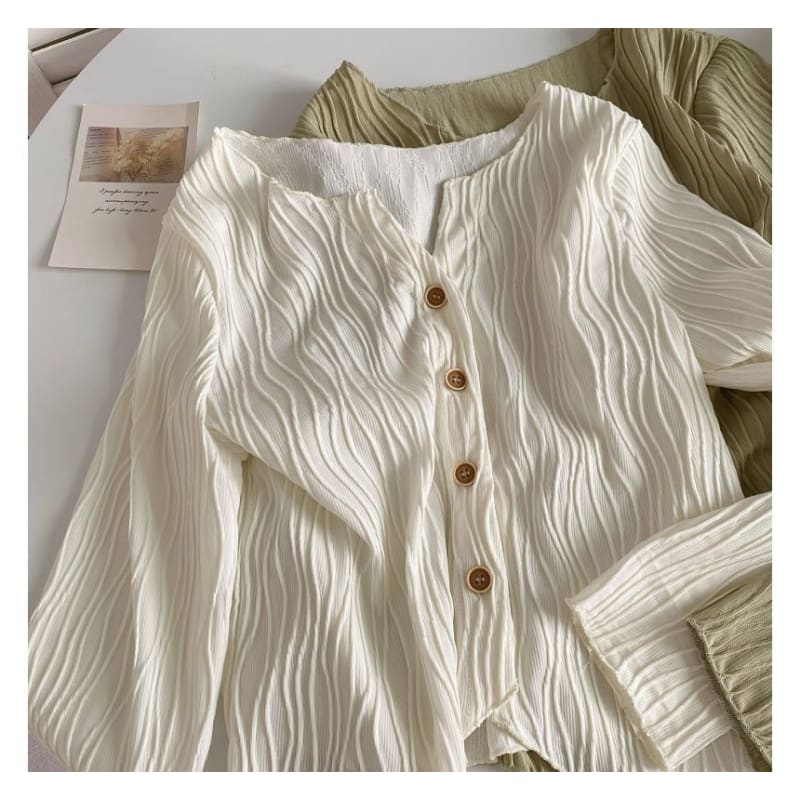 Long-Sleeve Plain Shirred Button-Up Blouse