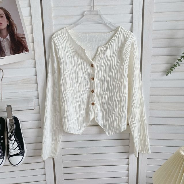 Long-Sleeve Plain Shirred Button-Up Blouse - Almond