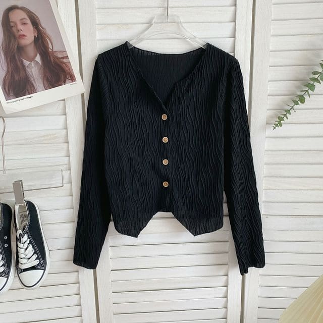 Long-Sleeve Plain Shirred Button-Up Blouse - Black