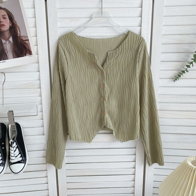 Long-Sleeve Plain Shirred Button-Up Blouse - Green