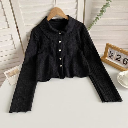 Long-Sleeve Plain Shirred Button-Up Shirt - Black / One Size