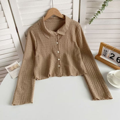 Long-Sleeve Plain Shirred Button-Up Shirt - Khaki / One Size