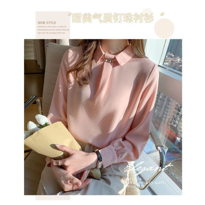 Long Sleeve Rhinestone Satin Blouse