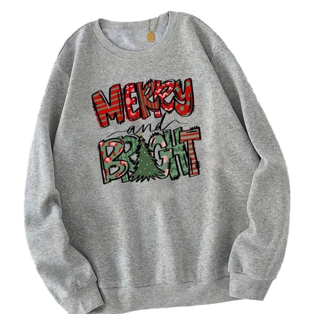 Long-Sleeve Round Neck Christmas Tree Print Pullover - Gray