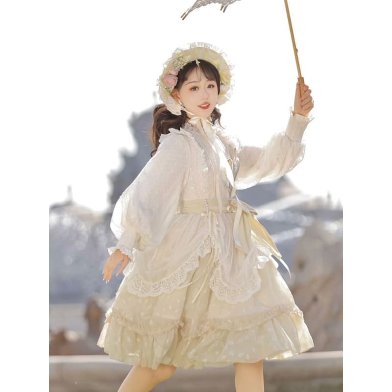 Long-Sleeve Round Neck Lolita Floral Applique Bow Ruffle