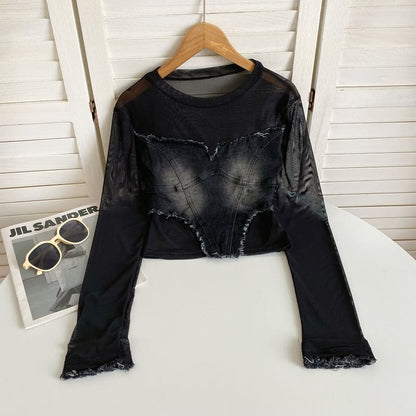 Long-Sleeve Round Neck Plain Denim Applique Tee