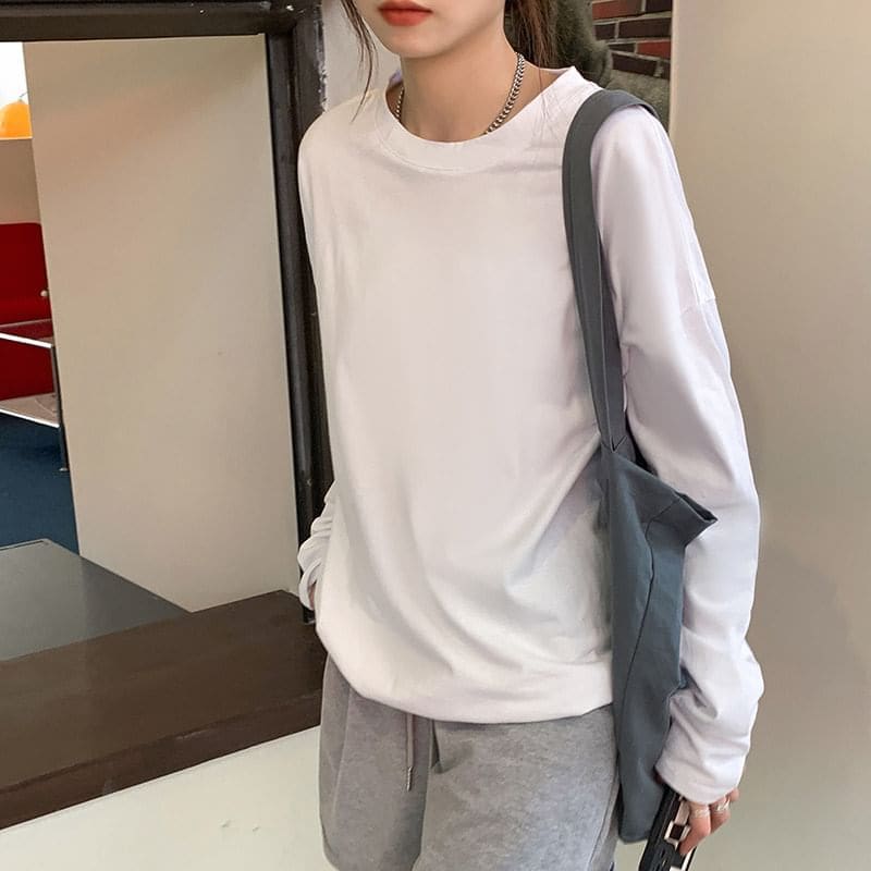 Long Sleeve Round Neck Plain Tee - Clothing