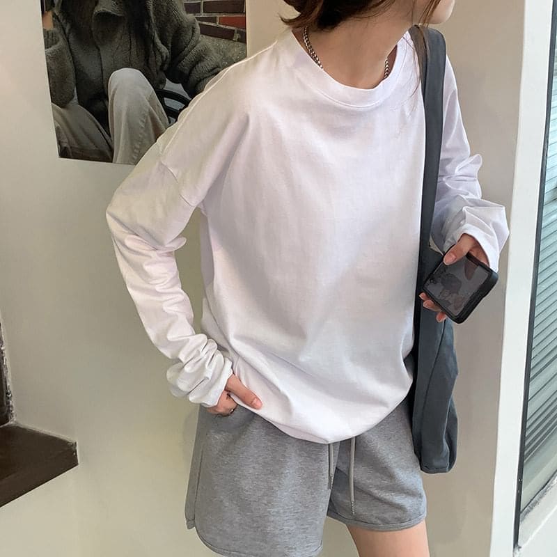 Long Sleeve Round Neck Plain Tee - Clothing