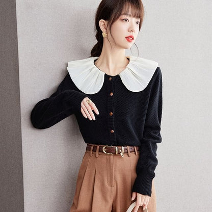 Long Sleeve Ruffle Collar Button Cardigan