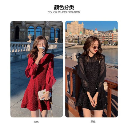 Long Sleeve Ruffled Chiffon Dress