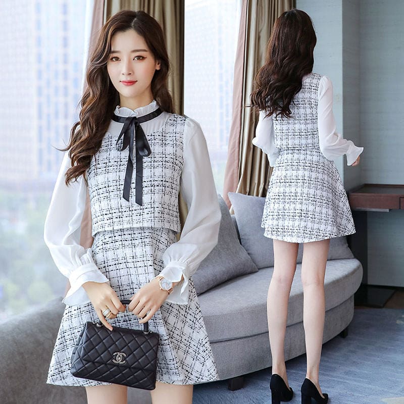 Long Sleeve Ruffled Collar Tweed Mock Two-Piece Dress