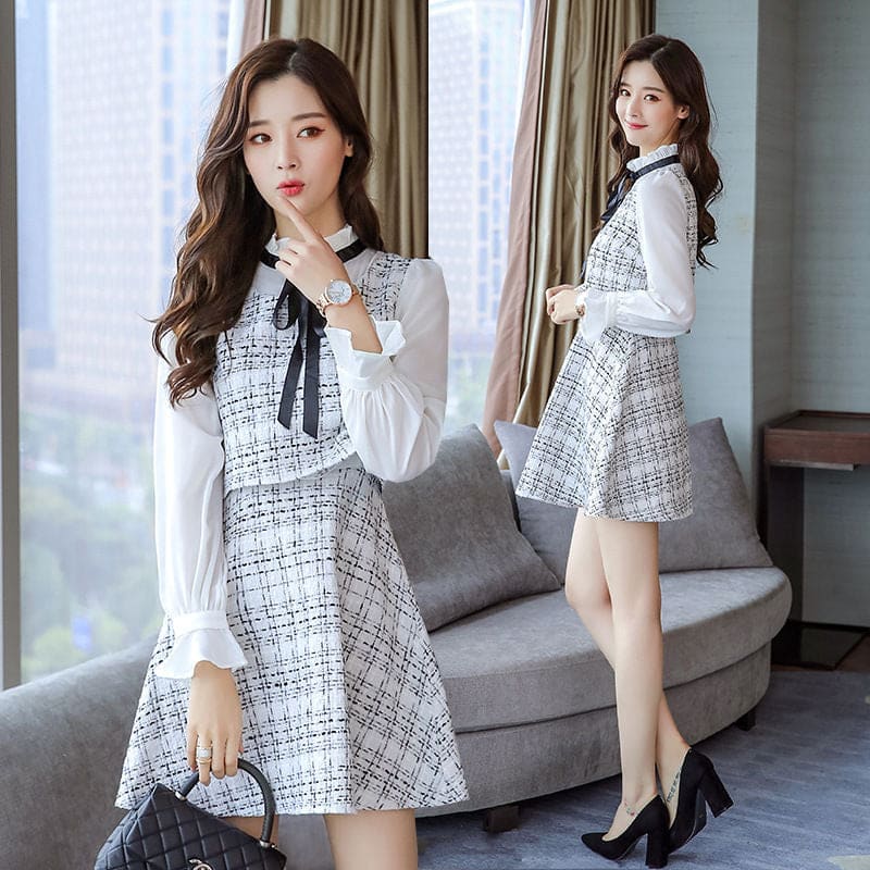 Long Sleeve Ruffled Collar Tweed Mock Two-Piece Dress