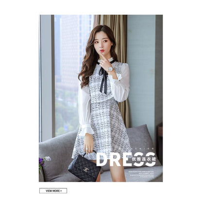 Long Sleeve Ruffled Collar Tweed Mock Two-Piece Dress