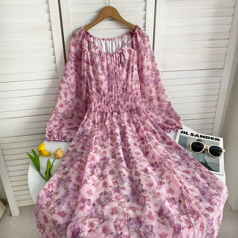 Long-Sleeve Scoop Neck Floral Maxi A-Line Dress