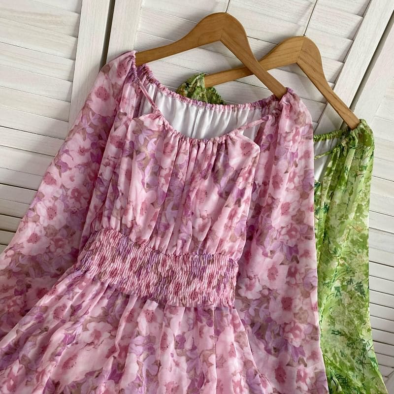 Long-Sleeve Scoop Neck Floral Maxi A-Line Dress