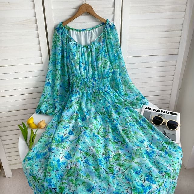 Long-Sleeve Scoop Neck Floral Maxi A-Line Dress - Floral