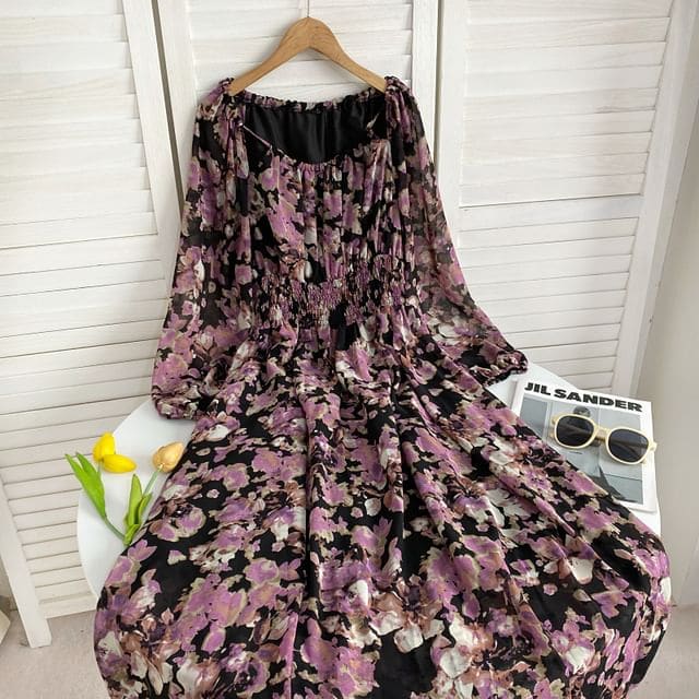 Long-Sleeve Scoop Neck Floral Maxi A-Line Dress - Floral