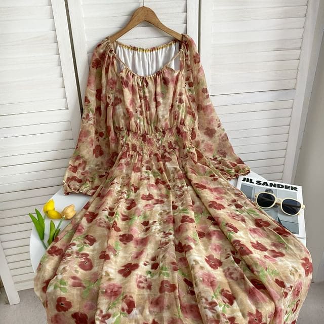 Long-Sleeve Scoop Neck Floral Maxi A-Line Dress - Floral