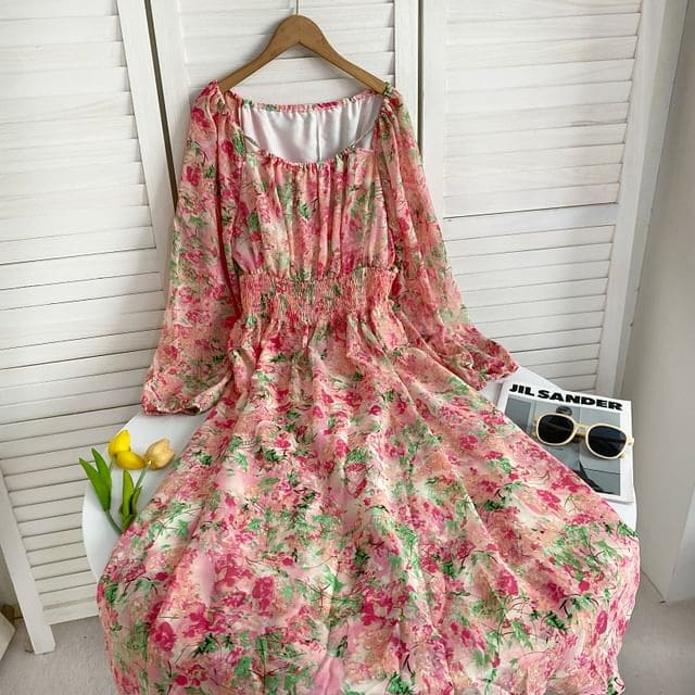 Long-Sleeve Scoop Neck Floral Maxi A-Line Dress - Floral